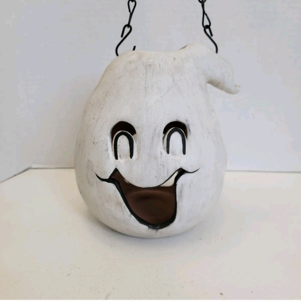 Vtg New Debco Happy Ghost Tea Light Candle Hanging Lantern Terracotta Halloween